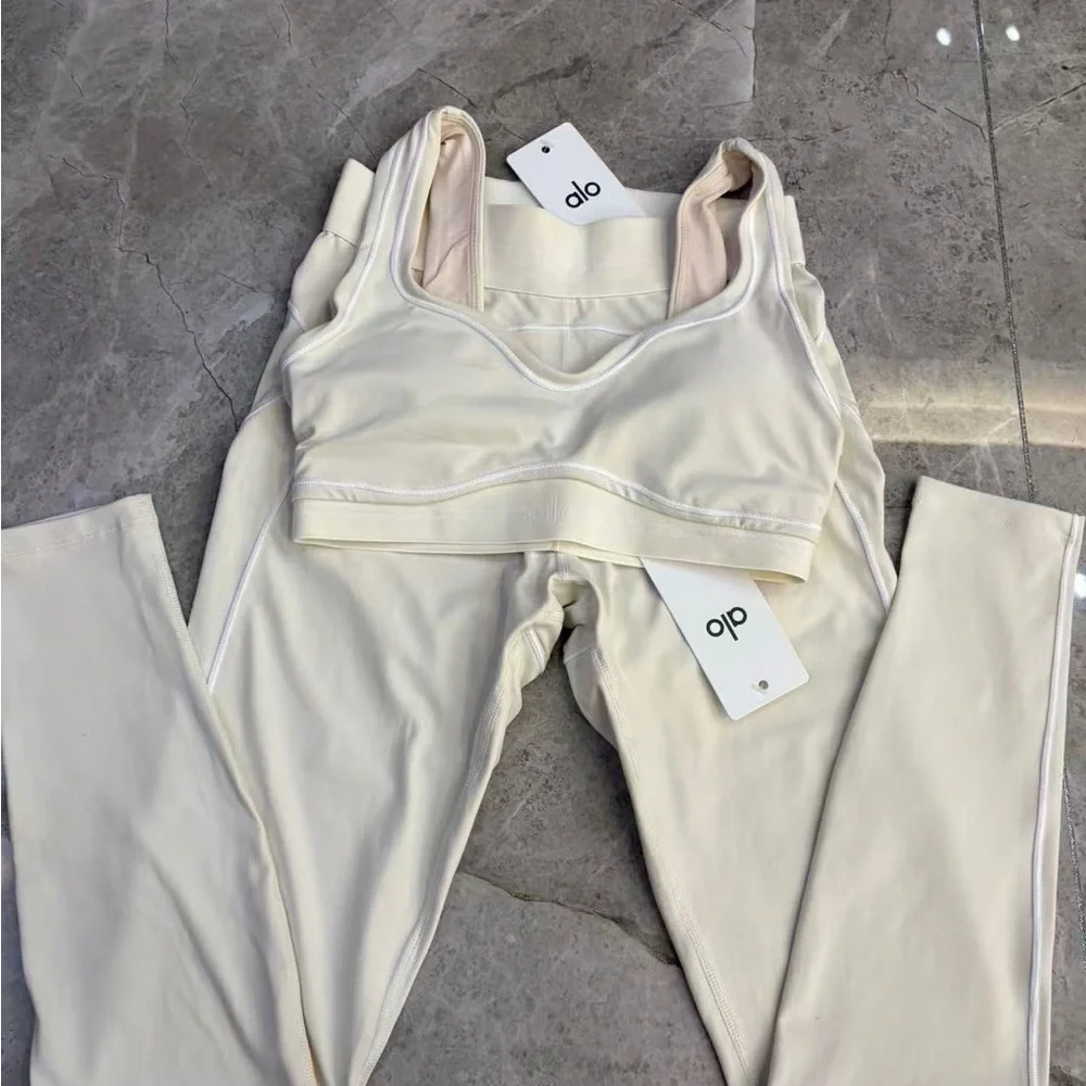 ALO Yoga Cream High-Rise Leggings with Seamless Sports Bra Set